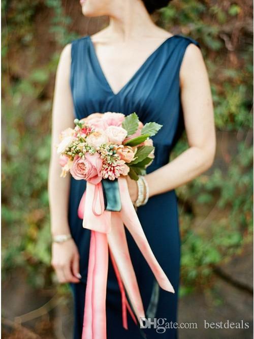 Elegant Cheap 2019 Teal Green Sheath Bridesmaid Dresses V Neck Open Back Floor Length Maid of Honor Dress Country Prom Party Gowns