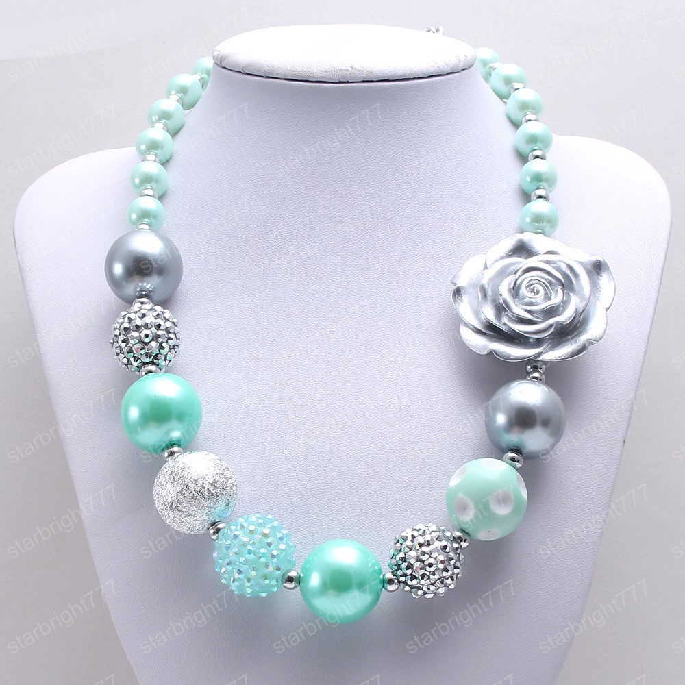 Spring Style Chunky Beads Necklace Child Girls Kids Mint Green Bubblegum Beads Chunky Necklace Fashion Handmade Jewelry