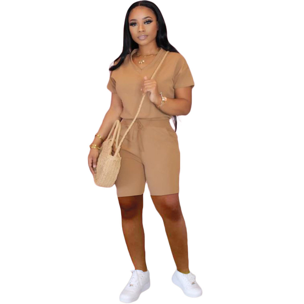 Spot Tracksuits European and American spring summer fashion female solid color Slim + pocket sports two-piece explosion