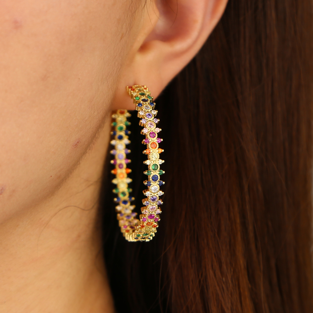 luxury Gold plated Big Hoop earring for women gorgeous luxury girlfriend gift full rainbow cz Classic Hoops jewelry