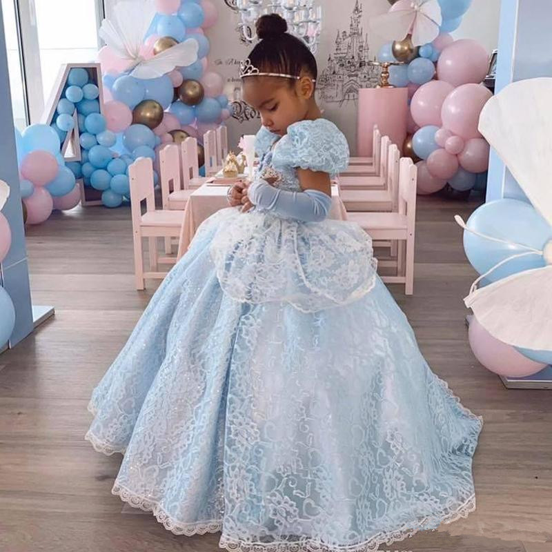 Decoration Princess Ball Gown Flower Girls Dresses For Weddings Light Sky Blue Kids Formal Wear Lace Pageant Gown vestidos de primera