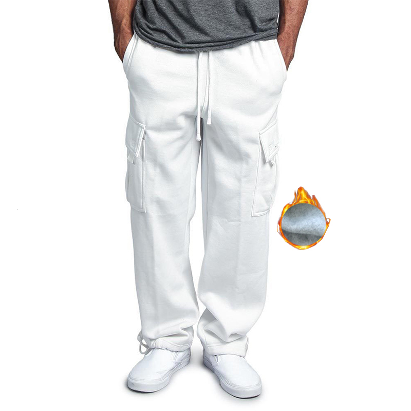 2019 Multi Pocket Winter Pants Men White Cargo Pants Fleece Hip Hop Grey Sweatpants Male Causal Tactical Pants Homme Trousers CJ191210