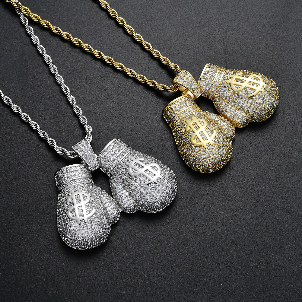Hip Hop Pair Boxing Gloves Dollor Pattern Pendant Necklace Sports Fitness Jewelry 18K Real Gold Plated Jewelry