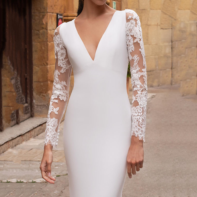 2023 Long Sleeves Wedding Dress Mermaid V Neck Lace Appliques Bride Gowns Backless Bridal Dresses Turkey Vestido de noiva