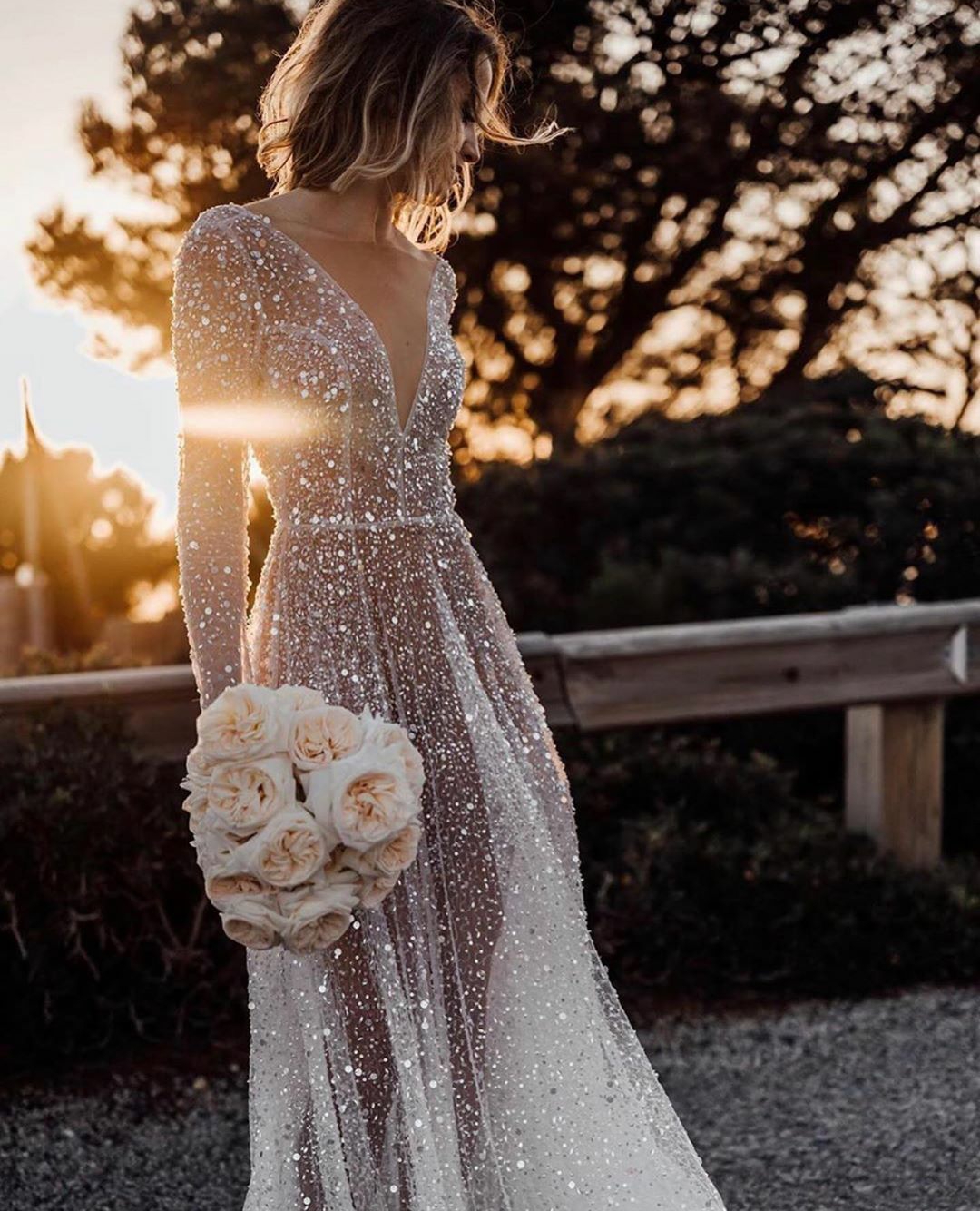 Sexy Transparent Beach Wedding Dresses Long Sleeves 2020 Sequined Backless Robe De Mariee Deep V Neck Bridal Gowns