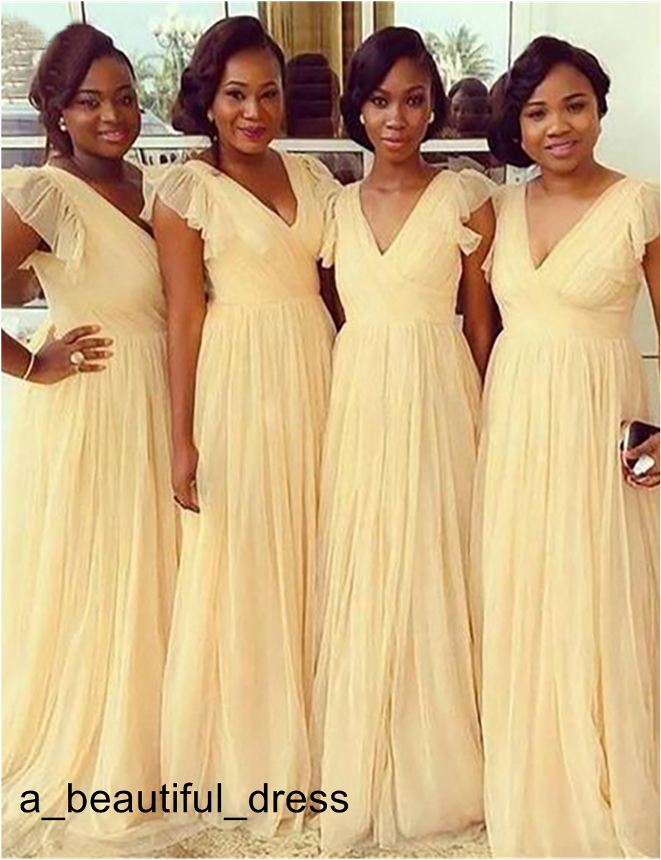 A-Line Long Chiffon Long Bridesmaid Dresses Cheap Ruffless V-Neck Wedding Party Gown Bridesmaid Dresse Formal Dresses Custom Made