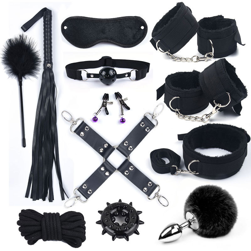 12 Pcs / Set Nylon Plush Sex Toys For Adults Women Handcuffs Whip Mouth Gag Rope Erotic Bdsm Bondage With Metal Anal Tail Fox Y200421