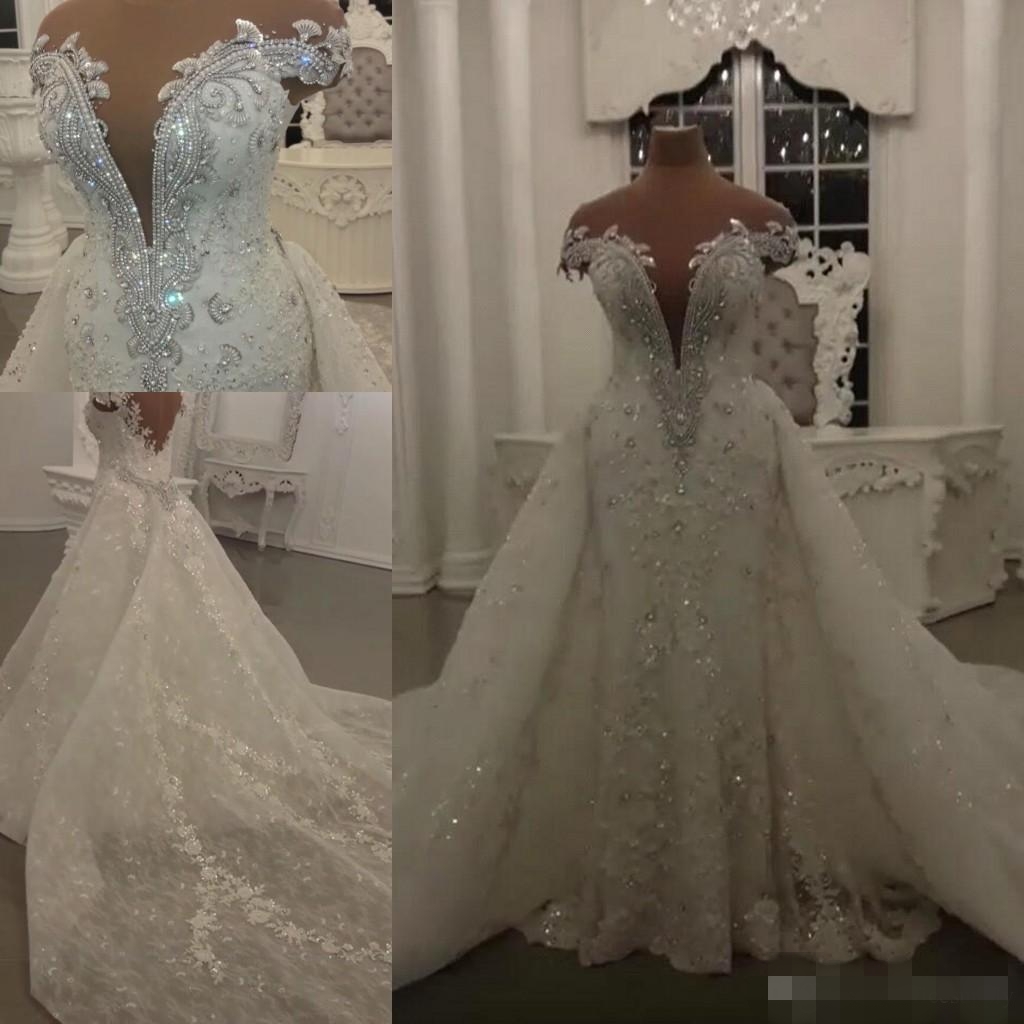 Crystal Dresses A Line Beaded Plunging V Neck With Overskirt Lace Applique Chapel Train Wedding Bridal Gown Custom
