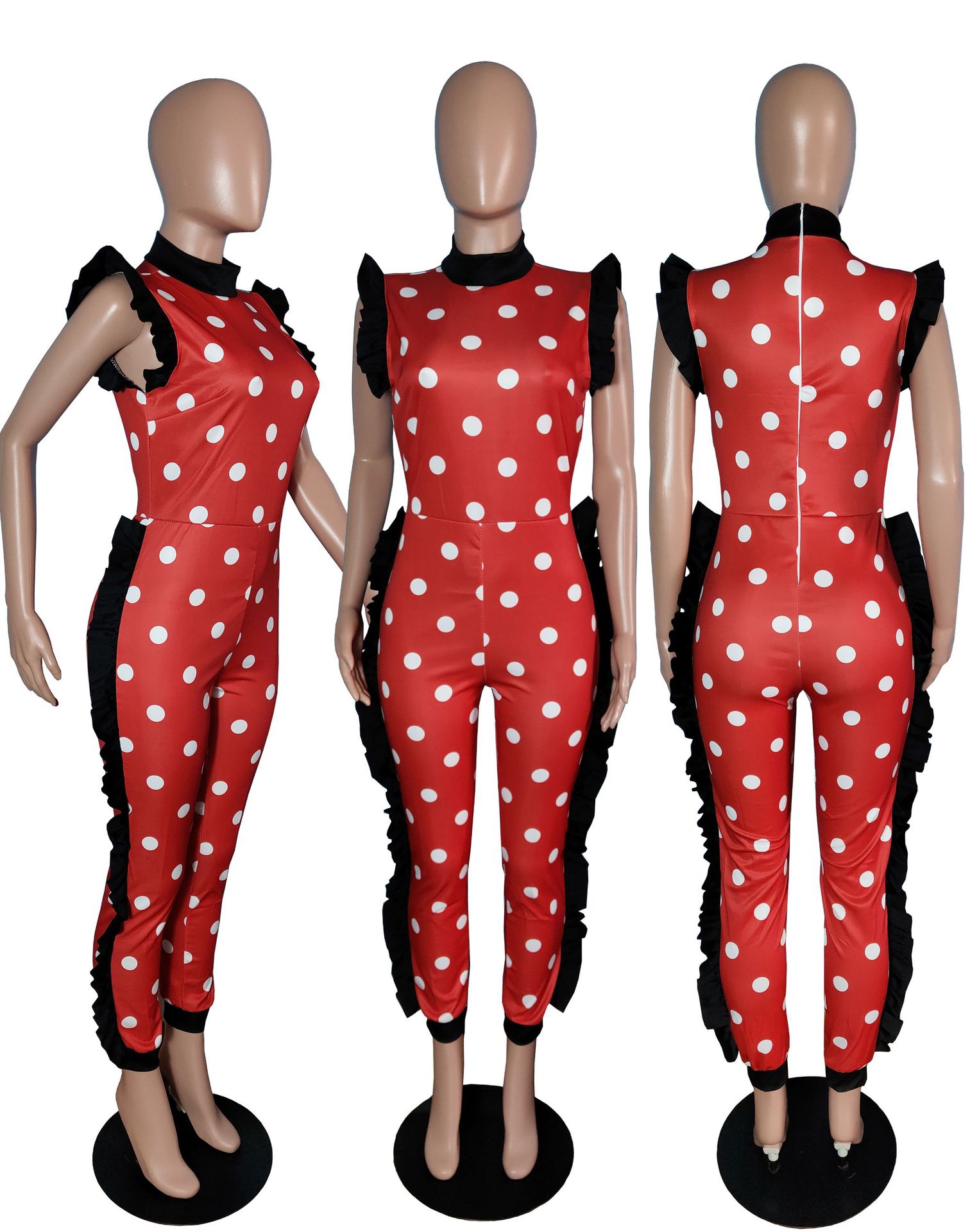 Jumpsuits European spring and summer fashion spotted ruffled long-sleeved Slim street jumpsuit support mixed batch