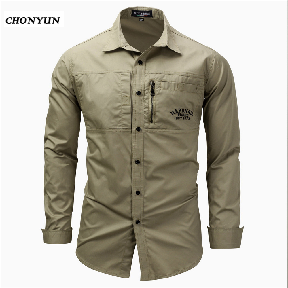 New Men's Slim Fit Dress Shirts Masculina Business Male Long Sleeves Army Casual Turn Down Neck Shirt Homme Size 3XL