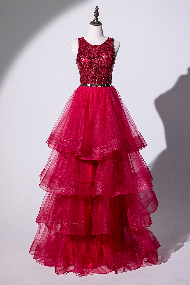 Dark Red Long Prom Dress Layers Tulle with Sequins Long Evening Dress with Sash New Arrival Free Shipping