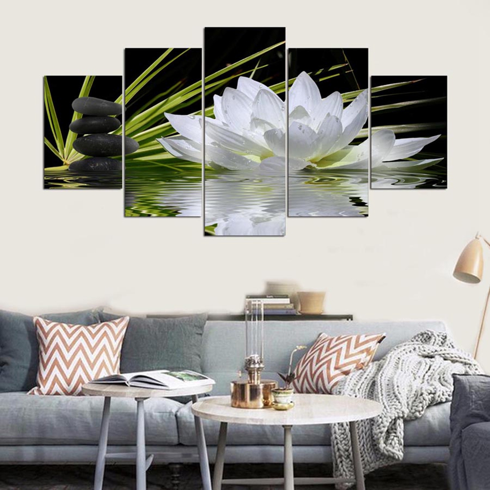 Modern Home Wall Art Decoration Framless Modular Pictures 5 Pieces White Lotus Flower Water Cobblestone HD Printed Canvas Paintings