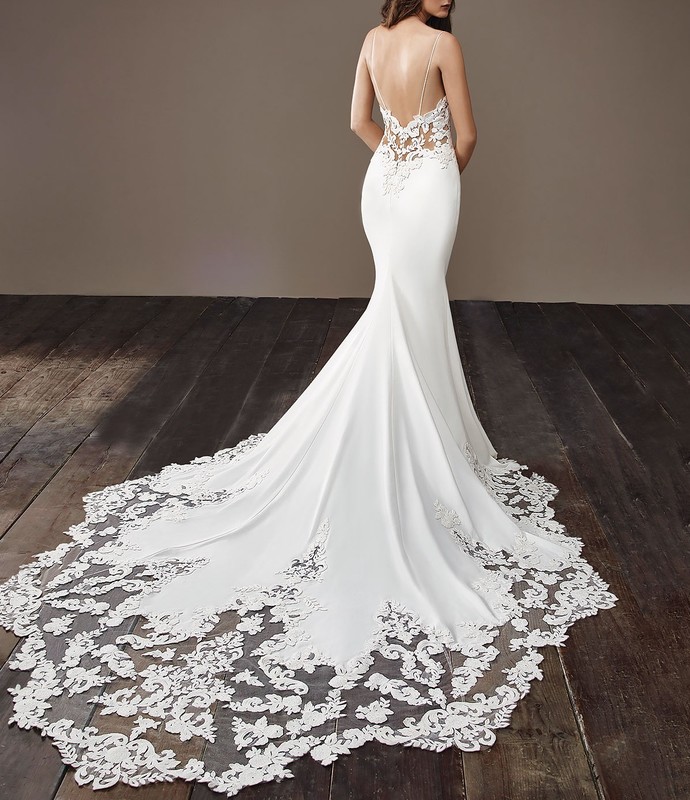 Spaghetti Backless Mermaid Dresses Satin Lace Applique Sweep Train Wedding Bridal Gowns Custom Cheap