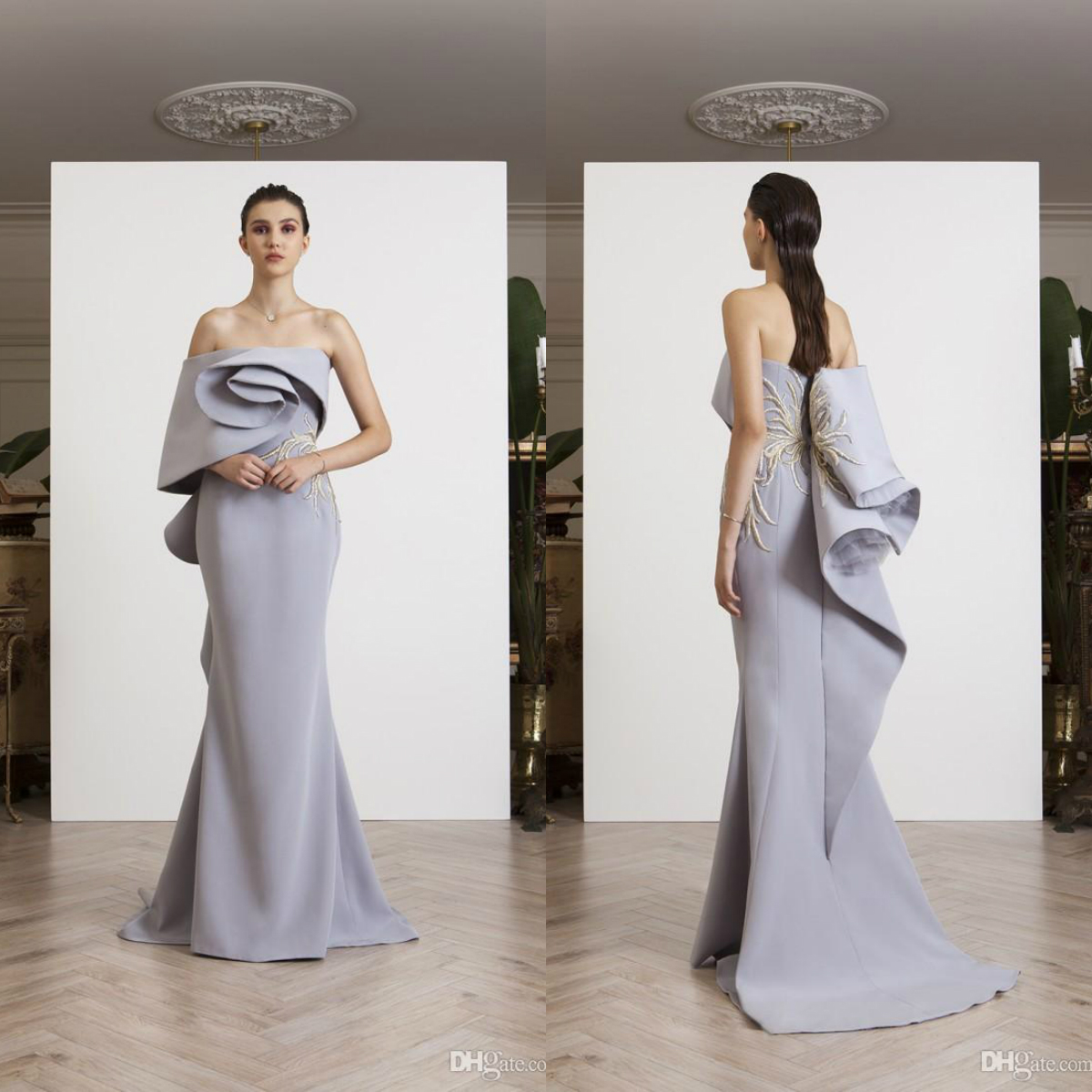 Azzi Osta 2020 Designer Mermaid Prom Dresses Embroidery Strapless Neck Celebrity Party Gowns Sweep Train Satin Formal Evening Dress