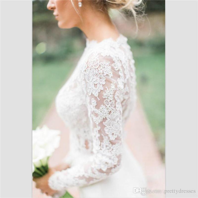 Mermaid Modest Sleeves Dresses Lace Appliques See Through Satin Jewel Neck Long Wedding Bridal Gowns Vestidos De Marriage