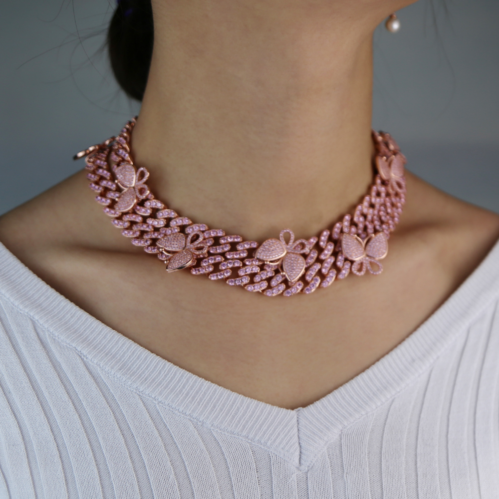 12mm New fashion Sparking iced out bling cz Miami cuban link chain Butterfly choker Necklaces for women Men Hip Hop Jewelry