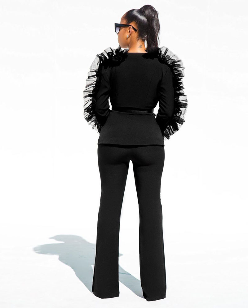 Bonnie Forest Formal Long Sleeve Ruffles Jacket And Pant Set Womens Elegant Ruffled Blazer Set Office Tracksuit Formal Wears