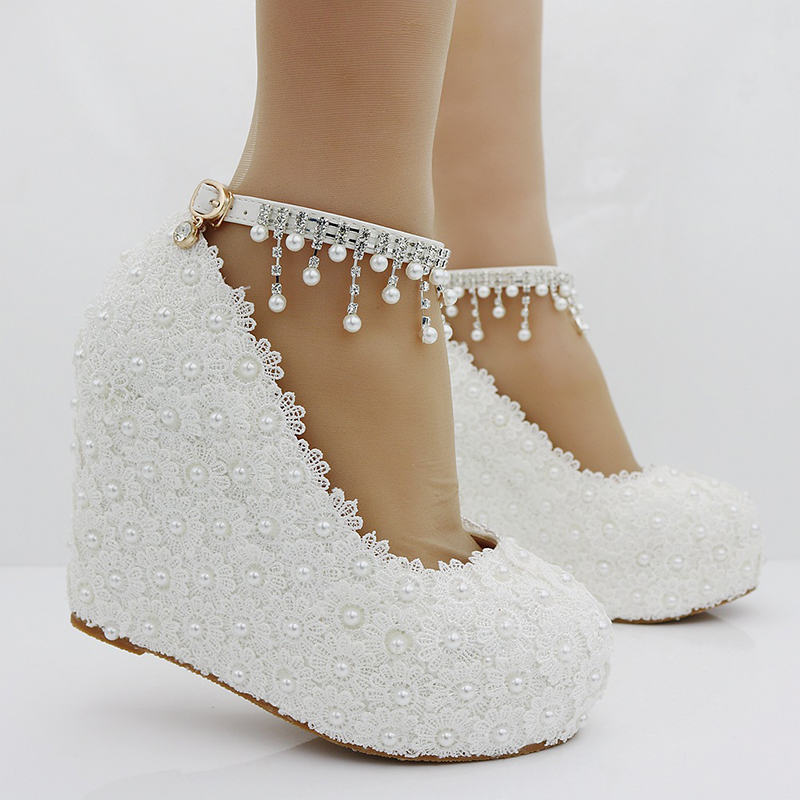 Pink Blue White Lace Wedding Shoes with Beading Buckle Straps Wedge Heel Fashion Women Pumps 4 Inches High Heel Bridesmaid Shoes