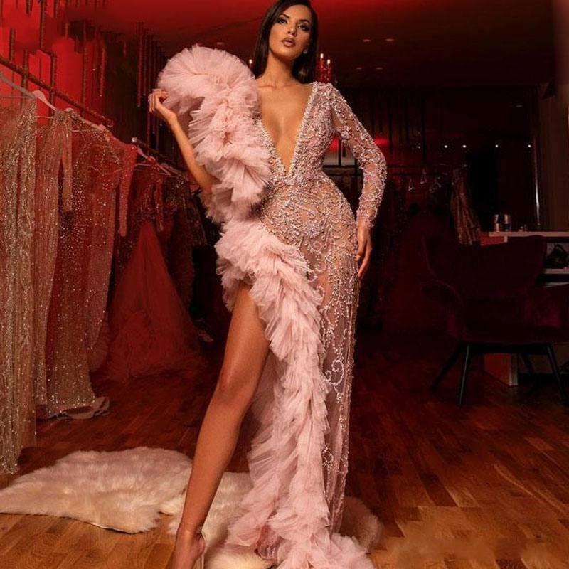 Luxury Dubai High Slit Evening Dresses Illusion Long Sleeves Deep V Neck Major Beading robe de soiree One Shoulder Ruffles Runway Fashion Prom Gowns