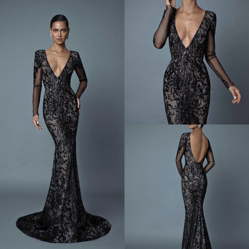 2019 Berta Long Sleeve Evening Dresses Mermaid V Neck Sexy Sequins Formal Prom Gowns Luxury Beading Trumpst Dress Party Vestidos De Fiesta