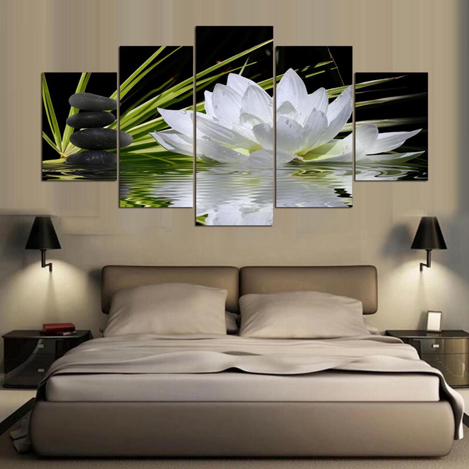 Modern Home Wall Art Decoration Framless Modular Pictures 5 Pieces White Lotus Flower Water Cobblestone HD Printed Canvas Paintings