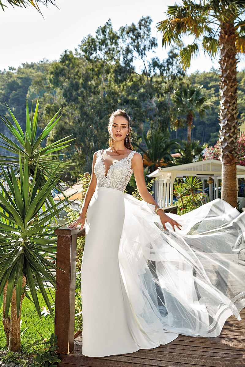 eddy k mermaid wedding dresses with detachable skirt lace appliqued bridal gowns sheer v neck satin country boho beach wedding dress