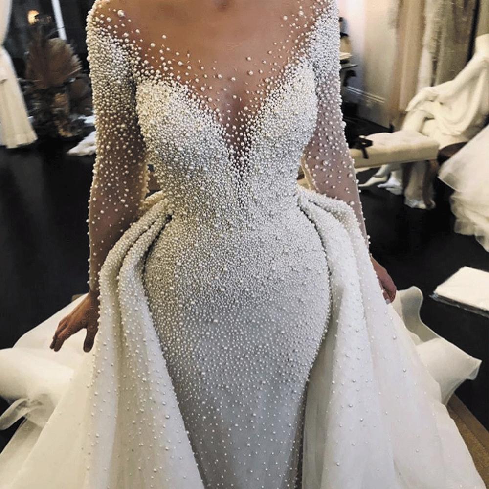 2025 Full Pearl Beaded Mermaid Wedding Dresses With Detachable Train Vintage Long Sleeves Saudi Arabic Plus Size Bridal Gown vestidos de noiva