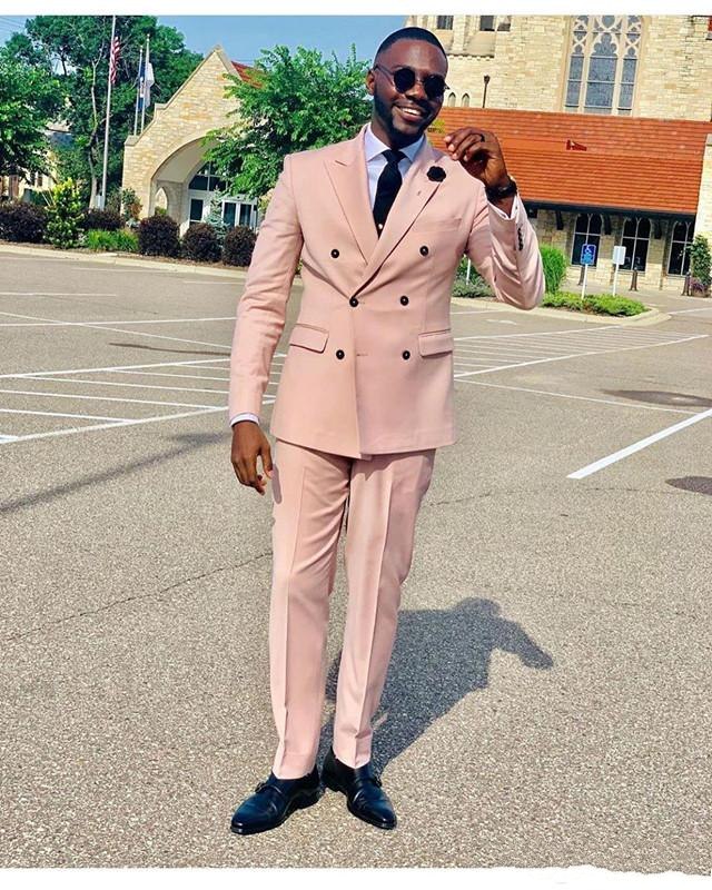 Hot Sale Double-Breasted Pink Wedding Men Suits Peak Lapel Two Pieces Business Groom Tuxedos (Jacket+Pants+Tie) W1230