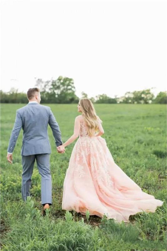 Vintage Blush Pink Tulle Boho Wedding Dresses Deep V-Neck Lace Appliques Western Country Bridal Gowns Plus Size robe mariee sirene