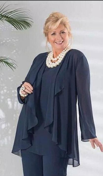 2020 Elegant Mother of the Bride Pant Suits Dark Navy 3 Pieces Chiffon Long Sleeves Mother's Dresses Plus Size Wedding Guest Dress