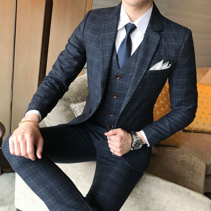 ( Jacket + Vest + Pants ) 2018 New Men's Fashion Boutique Plaid Wedding Dress Suit Three-piece Male Formal Business Casual Suits