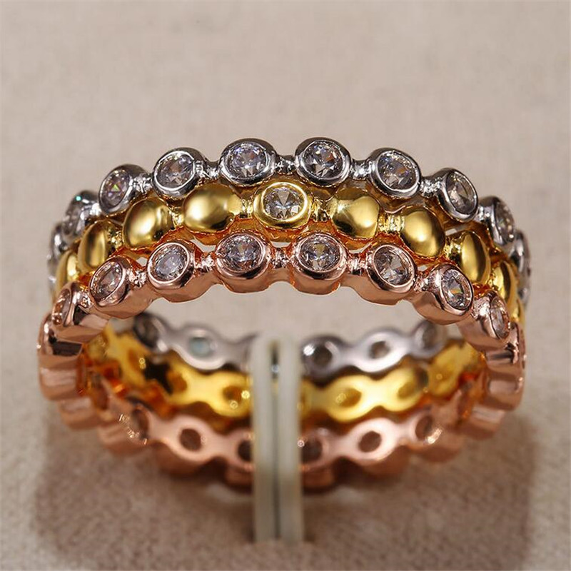 3PCS Wedding Ring Gift Fashion Jewelry 925 Silver&Rose Gold Fill 5A Cubic Zircon CZ Diamond Promise Engagement Band Ring For Lovers' Gift