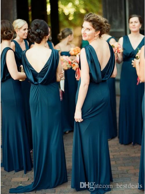 Elegant Cheap 2019 Teal Green Sheath Bridesmaid Dresses V Neck Open Back Floor Length Maid of Honor Dress Country Prom Party Gowns