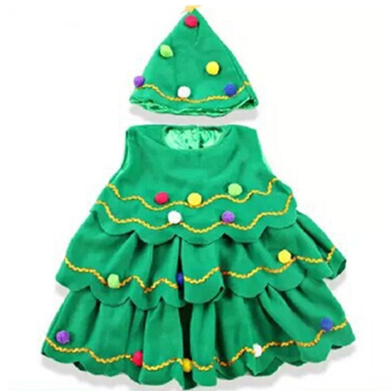 Children Christmas Tree Costume with Hat Set Tiered Wave Hem A-line Ruffle Mini Dress with Balls Teenage Kid Unisex Cosplay Outfit Plus Size