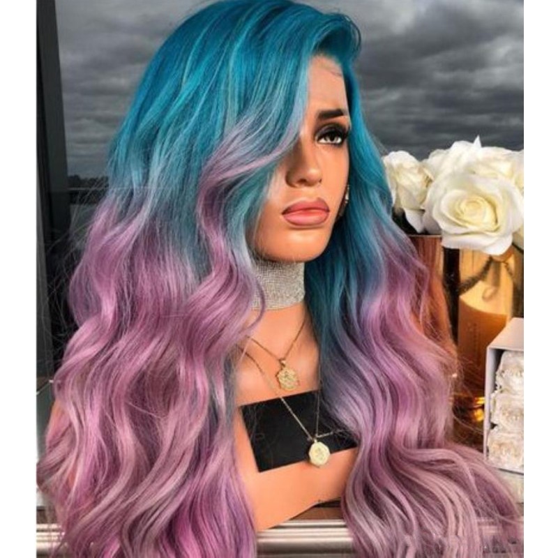 180 density full Synthetic Long Wavy Wigs With Bangs For African Black Women blue roots ombre purple lace front wig side part