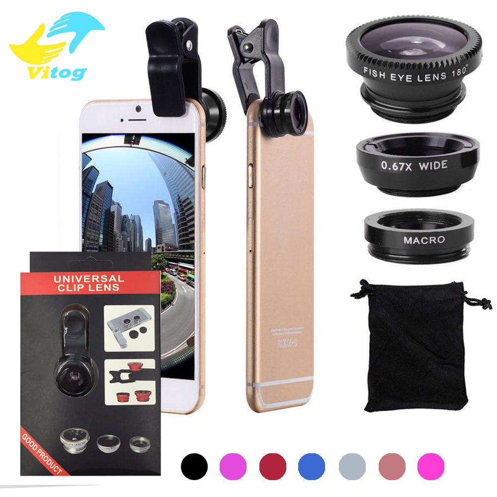 

vitog 3 in 1 Wide Angle Macro Fisheye Lens Camera Kits Mobile Phone Fish Eye Lenses with Clip 0.67x for cell phones