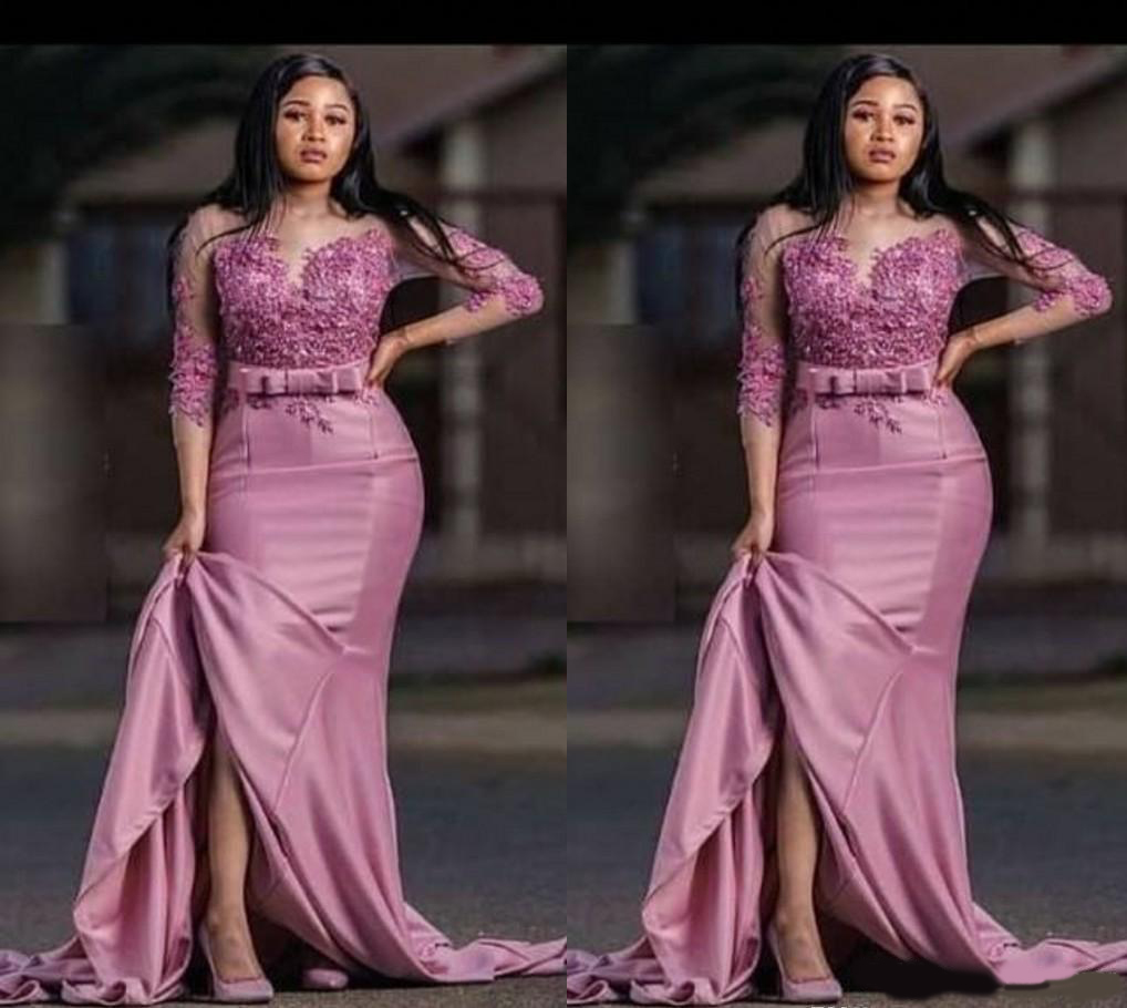Dusty Rose Fashion Evening Dresses Saudi Arabic Mermaid Mother of the Bride Dresses Satin Applique 3/4 Sleeves Party Prom Pageant Dresses