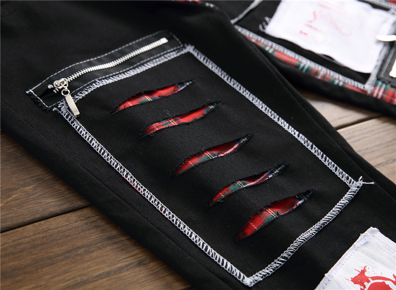 Men's Jeans Big Size 40 NightClub Style Mens Straight Black Men Slim Denim Pants Skull Pattern Zipper For