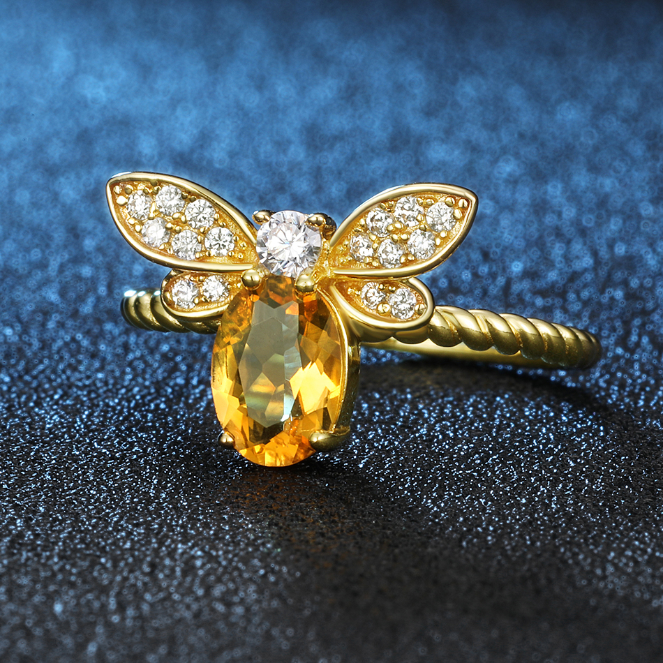 ALLNOEL Fine Jewelry Rings 925 Sterling Silver Natural Gemstone Citrine Bee Engagement Ring Set Wedding Silver Custom Jewellry LY191217