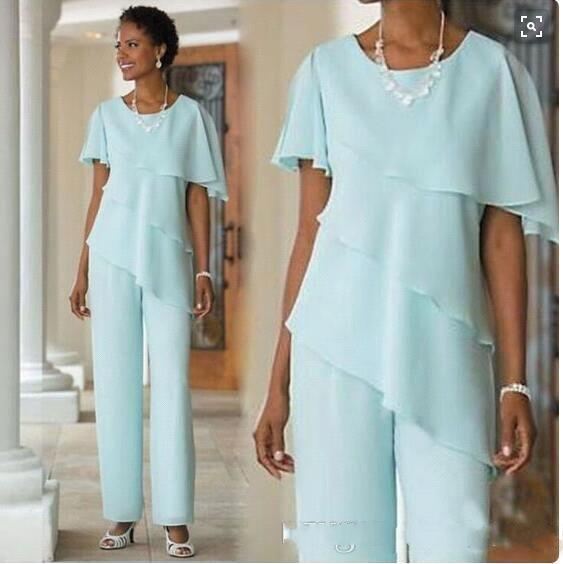 New MInt Green Mother Pants Suits Wedding Guest Dress Chiffon Short Sleeve Tiered Mother of Bride Pant Suits Trousers от DHgate WW
