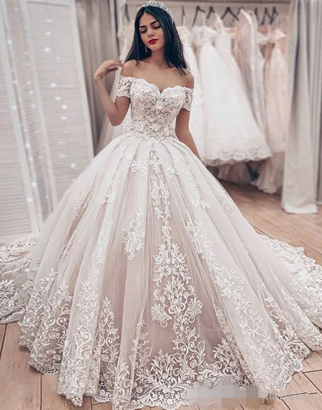 Gown Dresses Ball Off The Shoulder Short Sleeves Lace Applique Corset Back Chapel Train Maternity Wedding Gowns Plus Size S