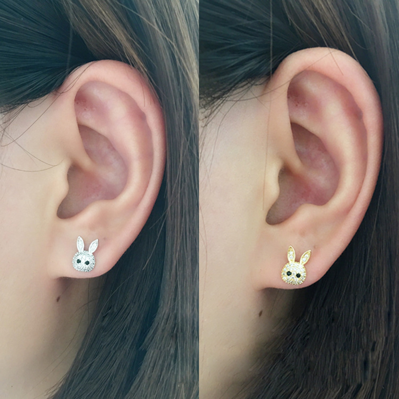 Bling Zircon Cute Rabbit Animal Screwback Stud Earring Ear Bone Nail Jewelry No Fading No Allergies Safe Sleeping Without Picking