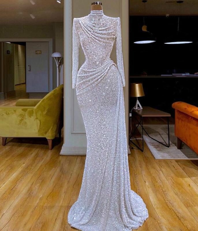Glitter Mermaid Evening Dresses with High Collar Sequins Beaded Long Sleeve Sweep Train Formal Party Gowns Custom Made Long Prom Dress 2020, Silver
Glitter Mermaid Evening Dresses with High Collar Sequins Beaded Long Sleeve Sweep Train Formal Party Gowns Custom Made Long Prom Dress 2020, Silver