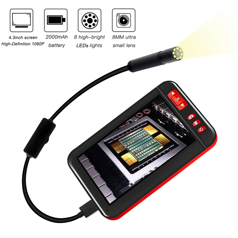 4.3 Inch Industrial Endoscope Borescope Digital Inspection Cameras Built-in 8pcs LEDs 8mm Lens High-definition 1080P Display Screen