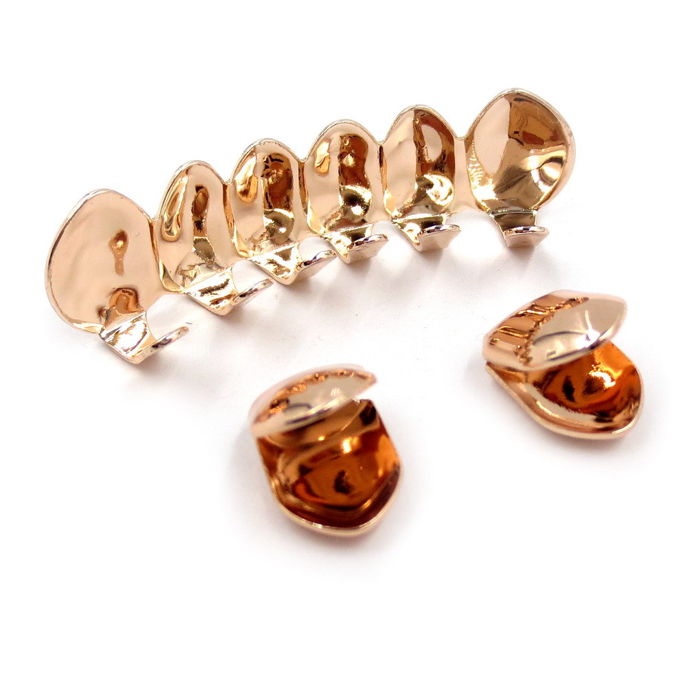 18K Real Gold Grillz Dental Mouth Fang Grills Braces Plain Punk Hiphop Up 2 Bottom 6 Teeth Tooth Cap Cosplay Costume Halloween Party Rapper Body Jewel