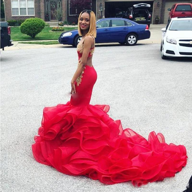 Sexy Red Mermaid Prom Dresses With Gold Appliques Bead Ruffles Skirts Formal Evening Gown Court Train Backless Cocktail Party Dress