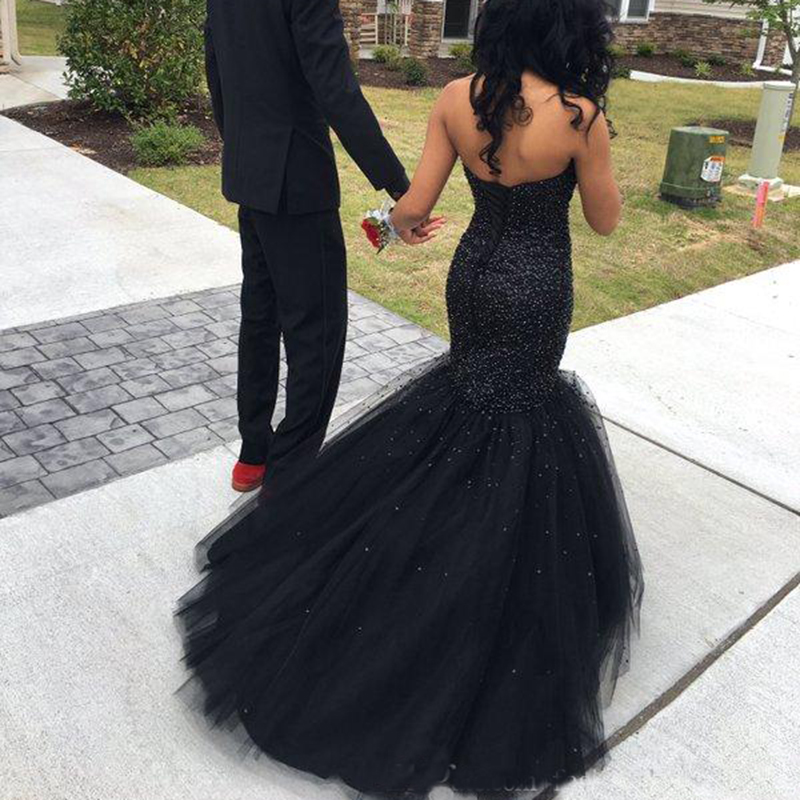 Black Girl Africa Mermaid Prom Dresses Long Major Beading Cheap Formal Dress Evening Wear Little Black Plus Size Prom Gowns Prom Dress