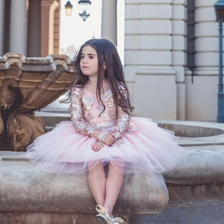 Little Baby Flower Girls Dresses Shiny Applique Long Sleeves Princess Party Pageant Tutu Dress Tulle A Line Min Short Gowns