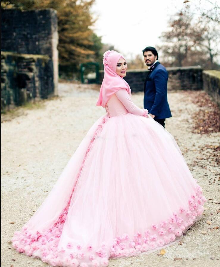 Muslim bridal Ball Gown Color Wedding Dresses 2020 high neck Long Sleeves 3D-Floral Appliques Saudi Arabia Wedding Dress Custom Made