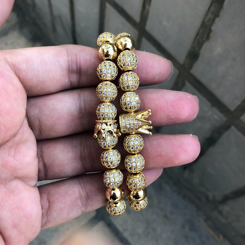 Men BraceletsLuxury Crown Charm 8mm Micro Pave CZ Round Braided Macrame Bracelet Pulseira Feminina Handmade Jewelry Women Gift Valentine's Day Ho